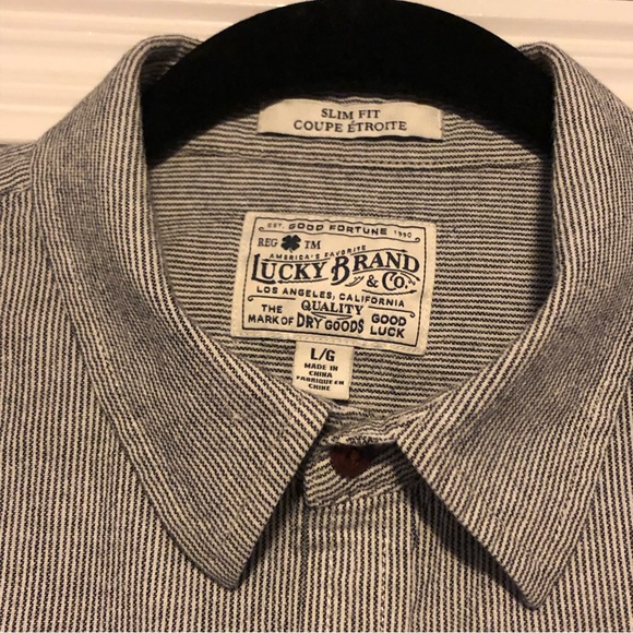 “Lucky Brand” men’s button front black/cream ticking stripe slim fit -sz L - Picture 2 of 14